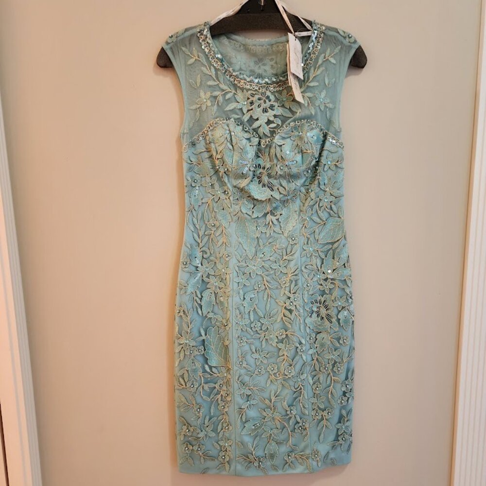 Sue Wong Mint Green Embroidered Lace Cocktail Dress